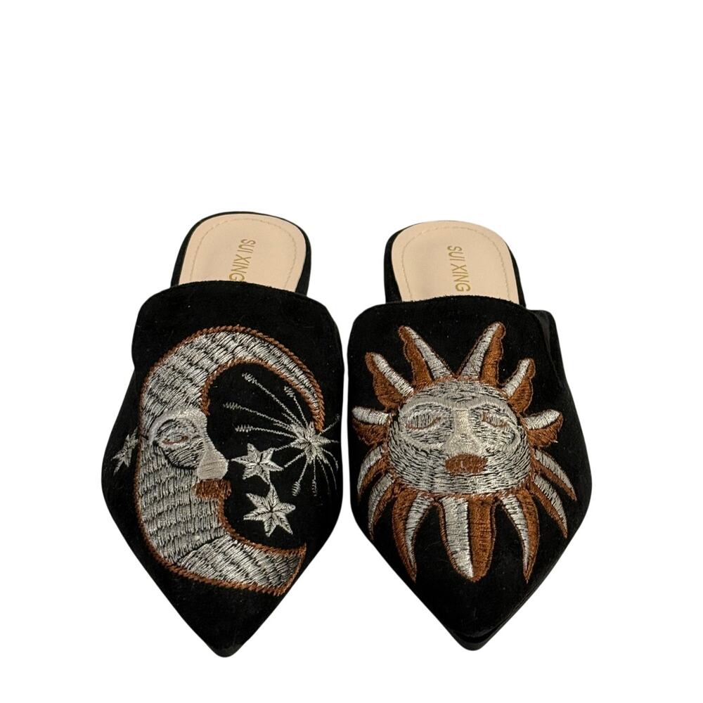 Witchy Sun Moon Embroidered Pointed Mules Celestial Astrology Black Women's EU37